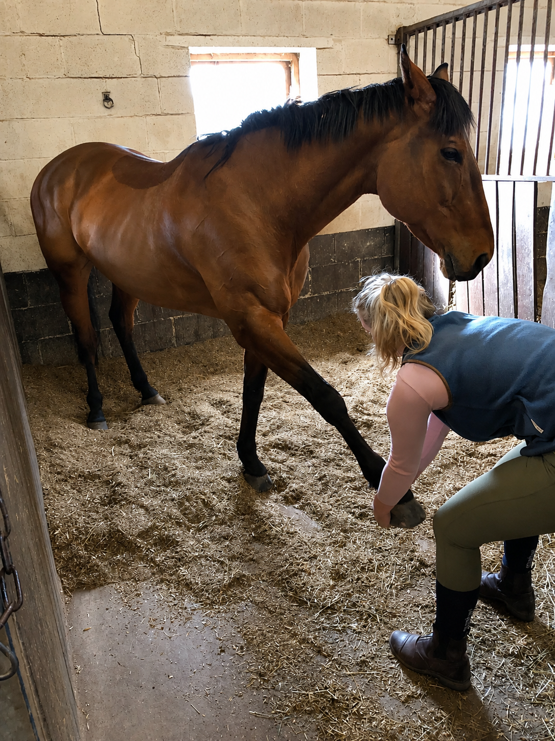 Therapeutic laser being applied to a horse's leg